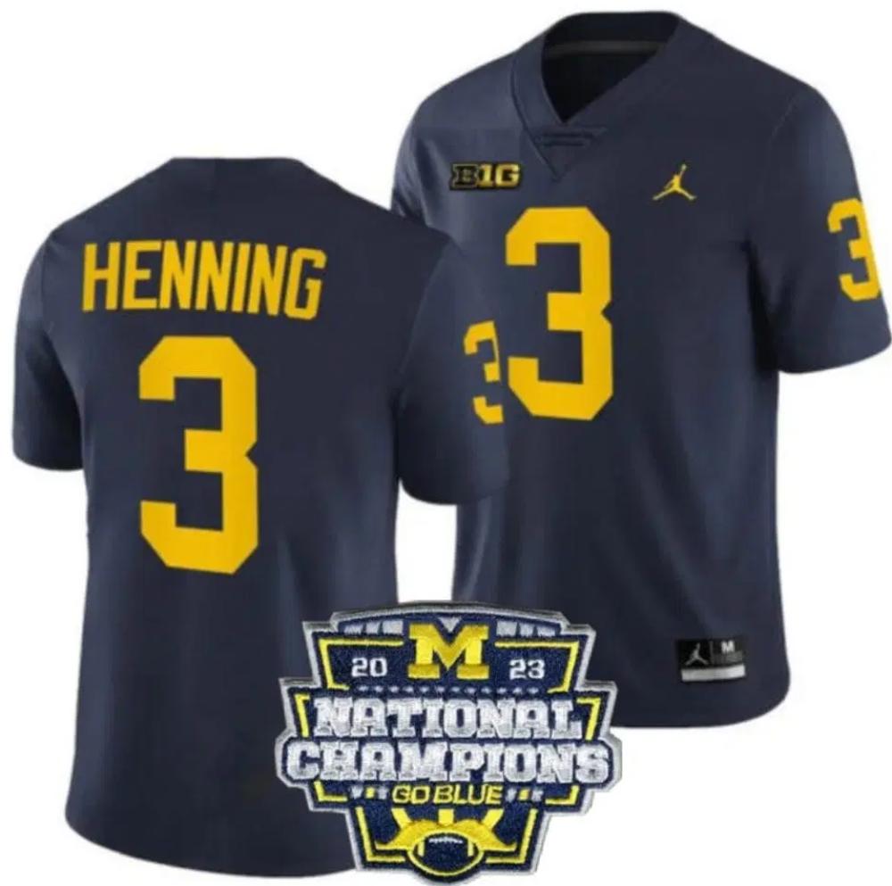 Mens Aj Henning Jersey 3 Michigan Wolverines Football 2023 National Patch Navy