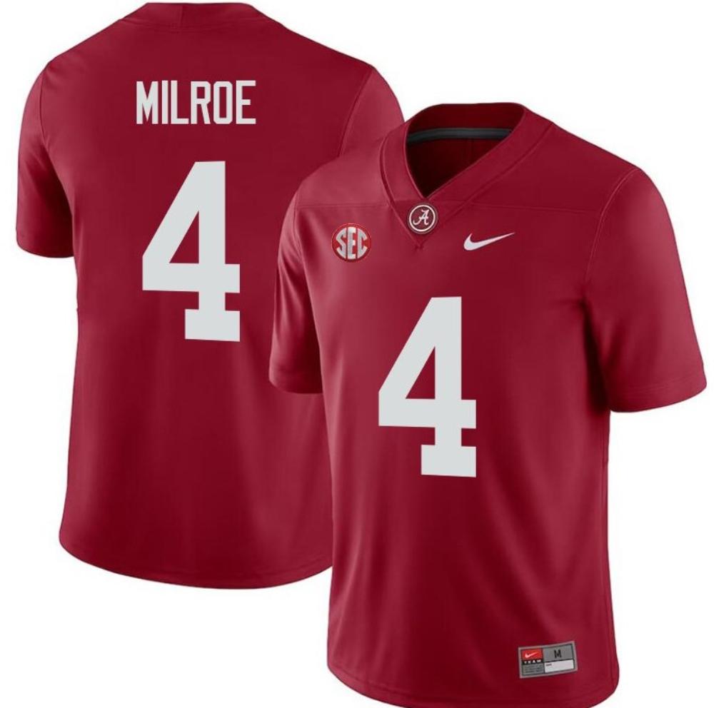 Mens Alabama Crimson Tide 4 Jalen Milroe Red Stitched Jersey