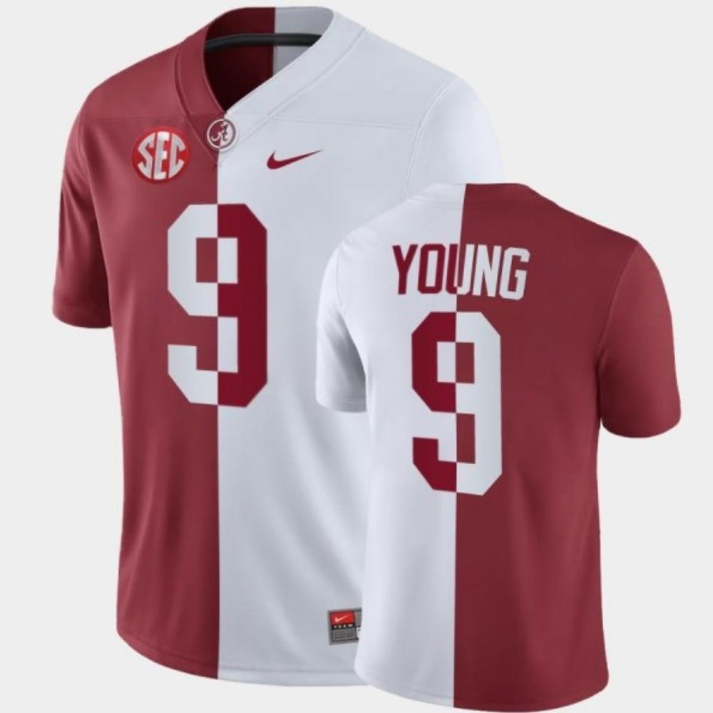 Mens Alabama Crimson Tide 9 Bryce Young White Crimson Split Jersey