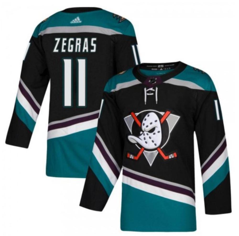 Mens Anaheim Ducks 11 Trevor Zegras Hockey Jersey Black Blue All Stitched