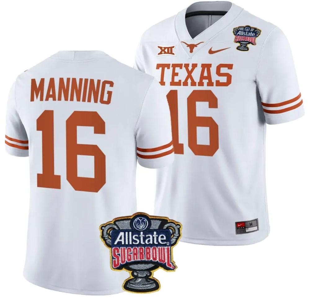 Mens Arch Manning Jersey 16 Texas Longhorns Allstate Sugar Bowl Patch 2024 Co