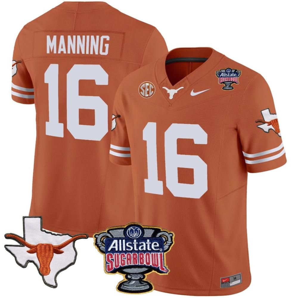 Mens Arch Manning Jersey 16 Texas Longhorns Sugar Bowl Patch Vapor Football T