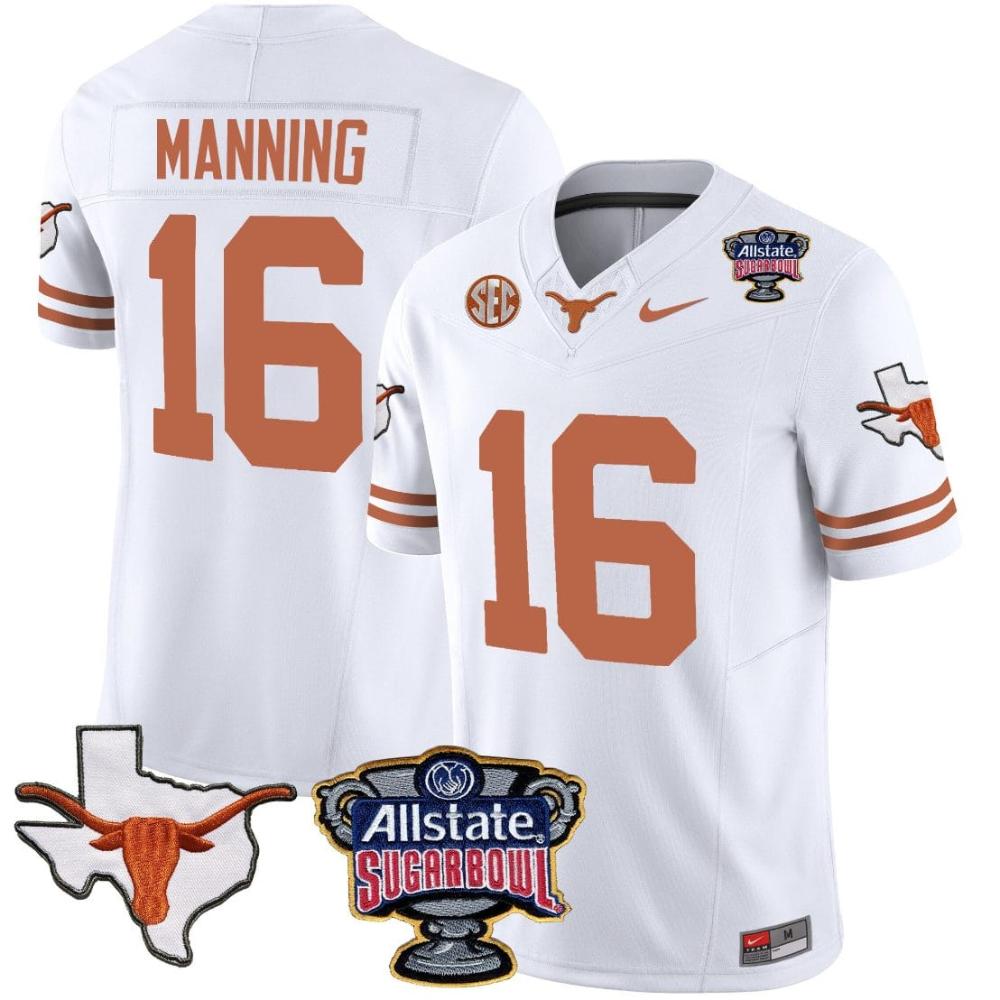 Mens Arch Manning Jersey 16 Texas Longhorns Sugar Bowl Patch Vapor Football W