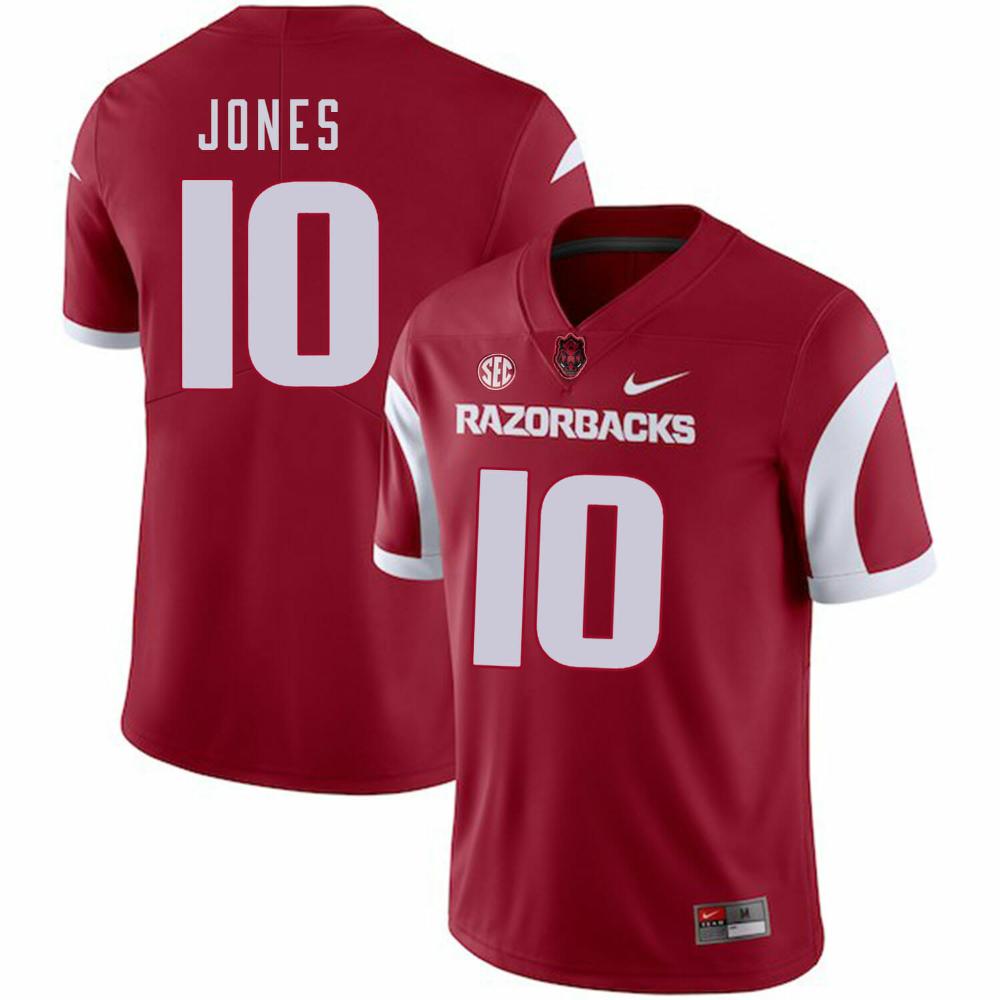 Mens Arkansas Razorbacks 10 Jordan Jones College Football Jersey Red