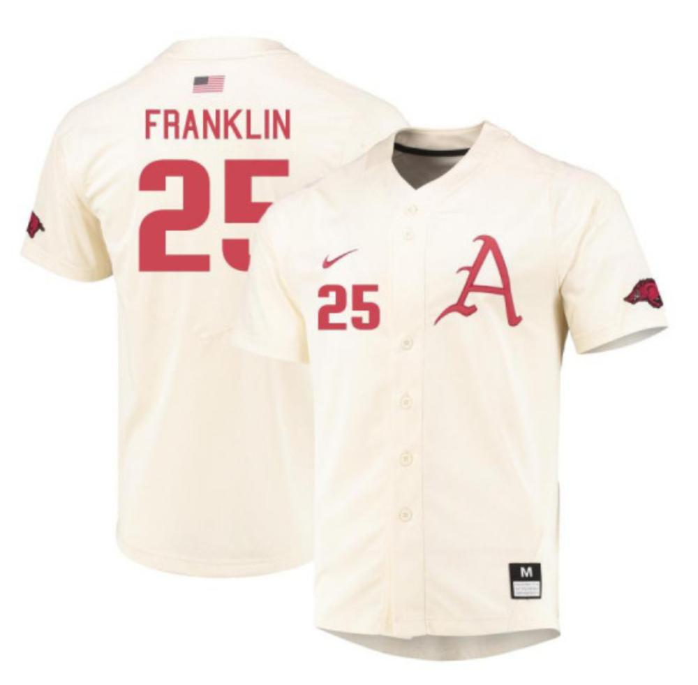 Mens Arkansas Razorbacks 25 Authentic Christian Franklin Alumni Jersey   Cream