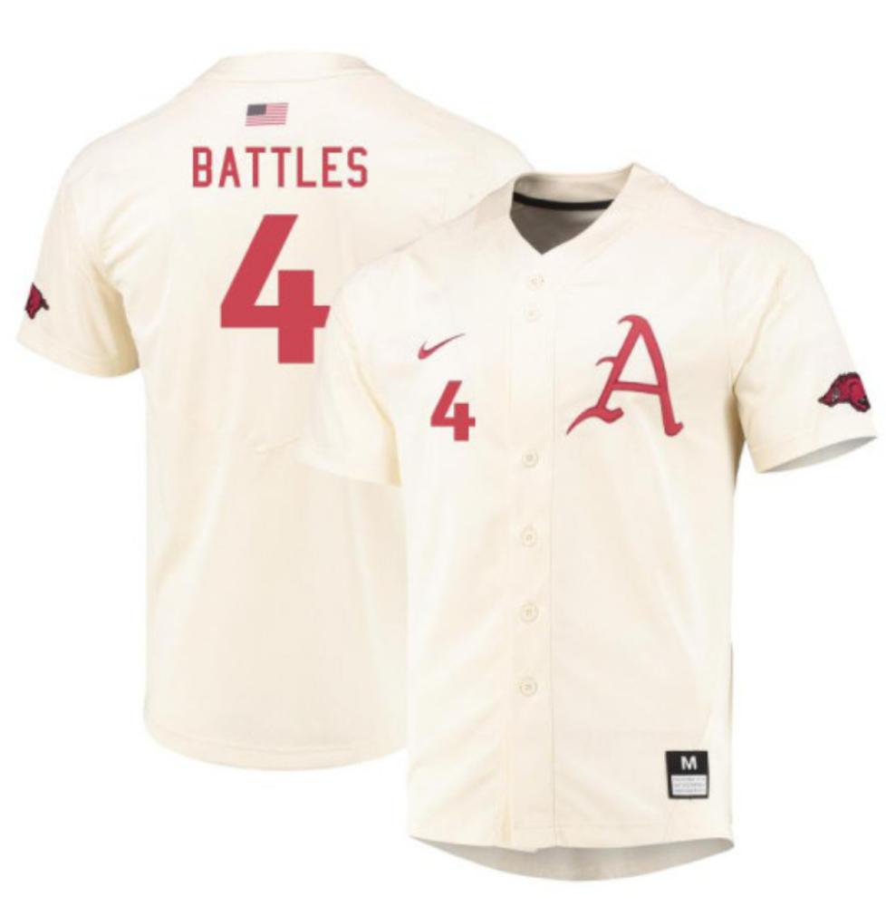 Mens Arkansas Razorbacks 4 Authentic Jalen Battles Alumni Jersey   Cream