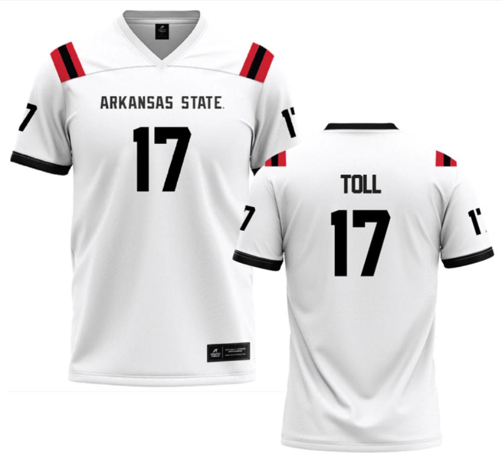 Mens Arkansas State University Ncaa Football Blayne Toll 17 White Jersey
