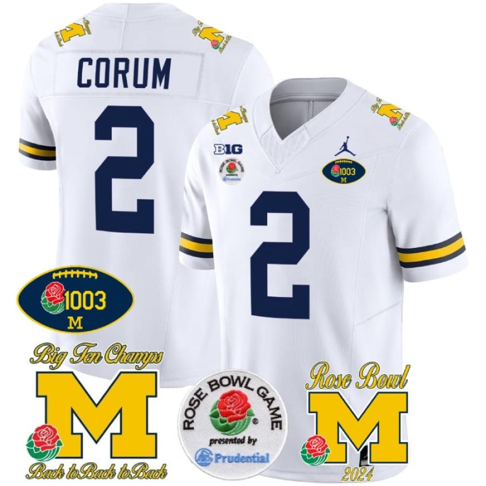 Mens Blake Corum Jersey 2 Michigan Wolverines Vapor 1003 Wins Rose Bowl Patch