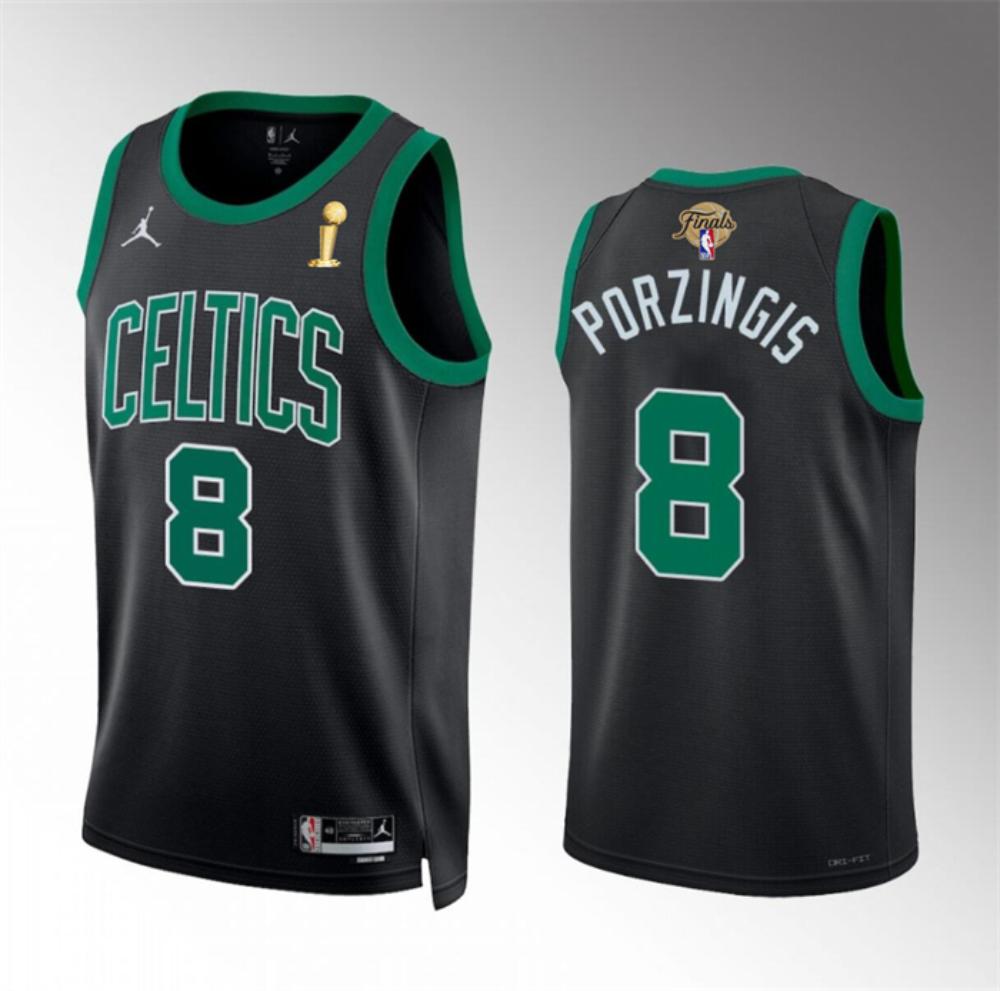 Mens Boston Celtics 8 Kristaps Porzingis Black 2024 Finals Champions Jersey