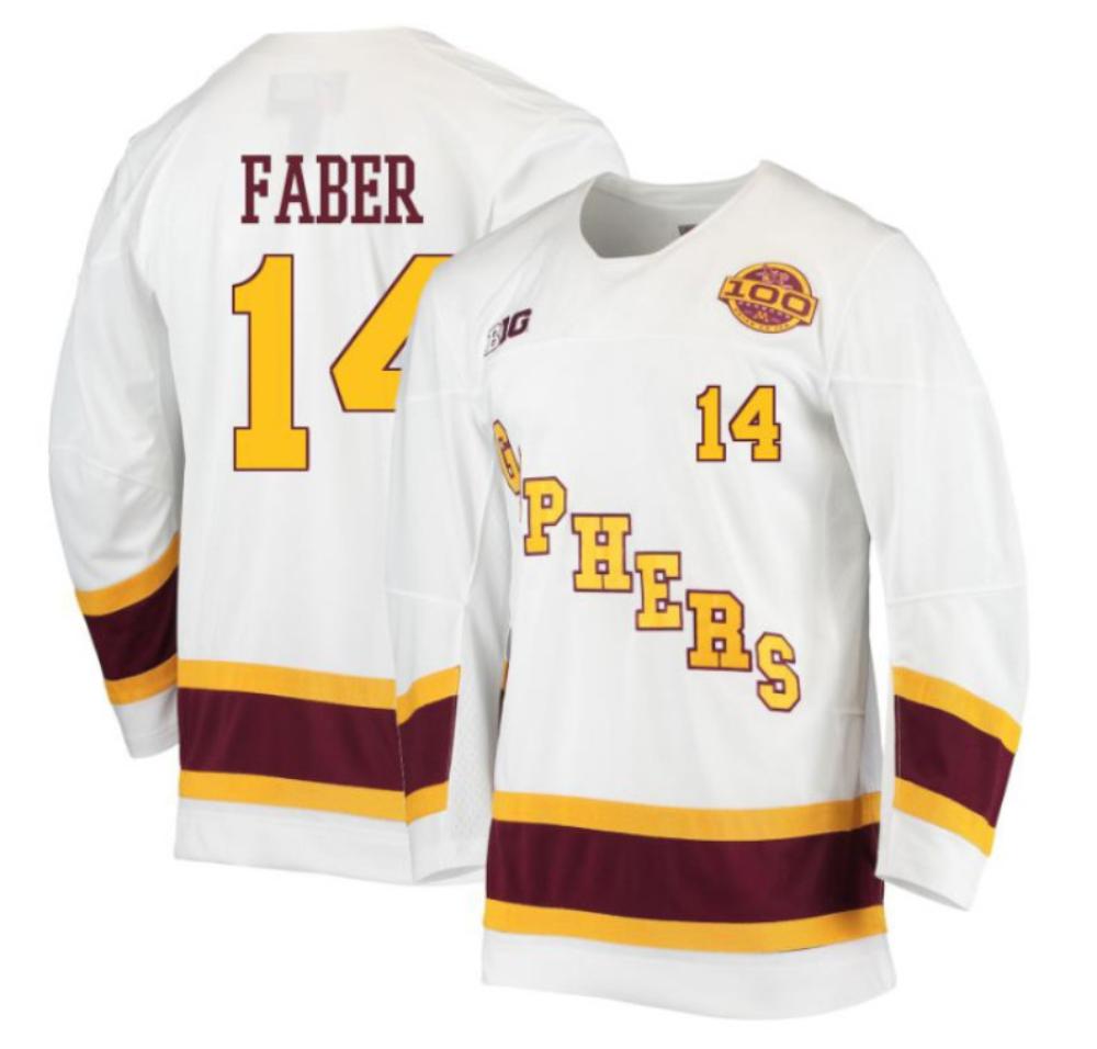 Mens Brock Faber 14 White 100 Seasons Minnesota Golden Gophers Hockey Jersey