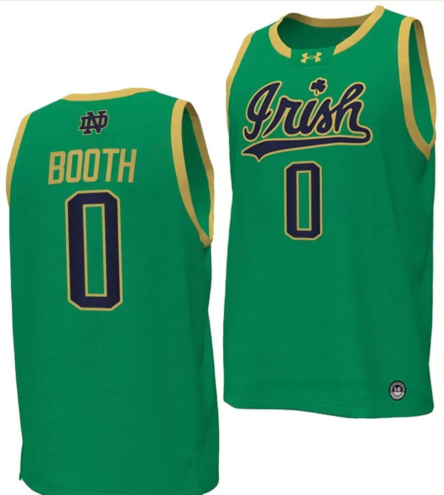 Mens Carey Booth Jersey 0 Notre Dame Fighting Irish Basketball Uniform Green