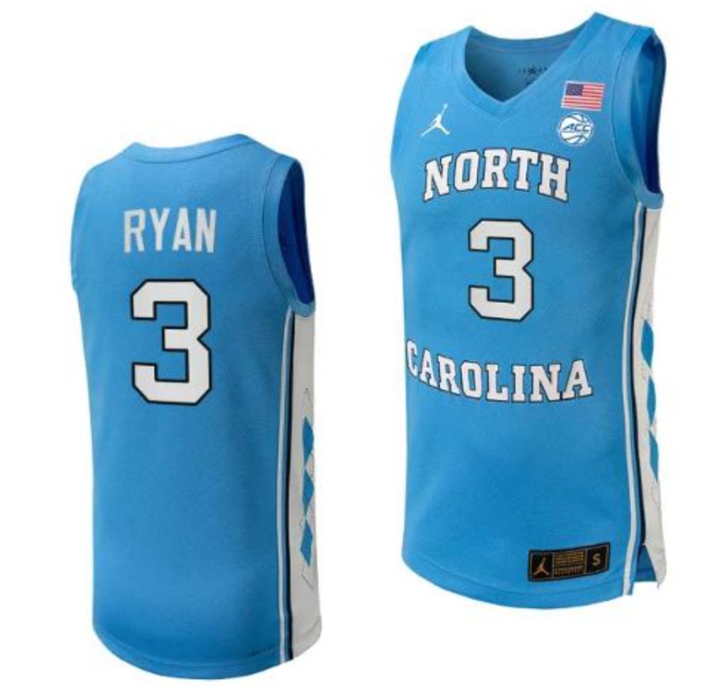 Mens Cormac Ryan Jersey 3 North Carolina Tar Heels Basketball College Blue