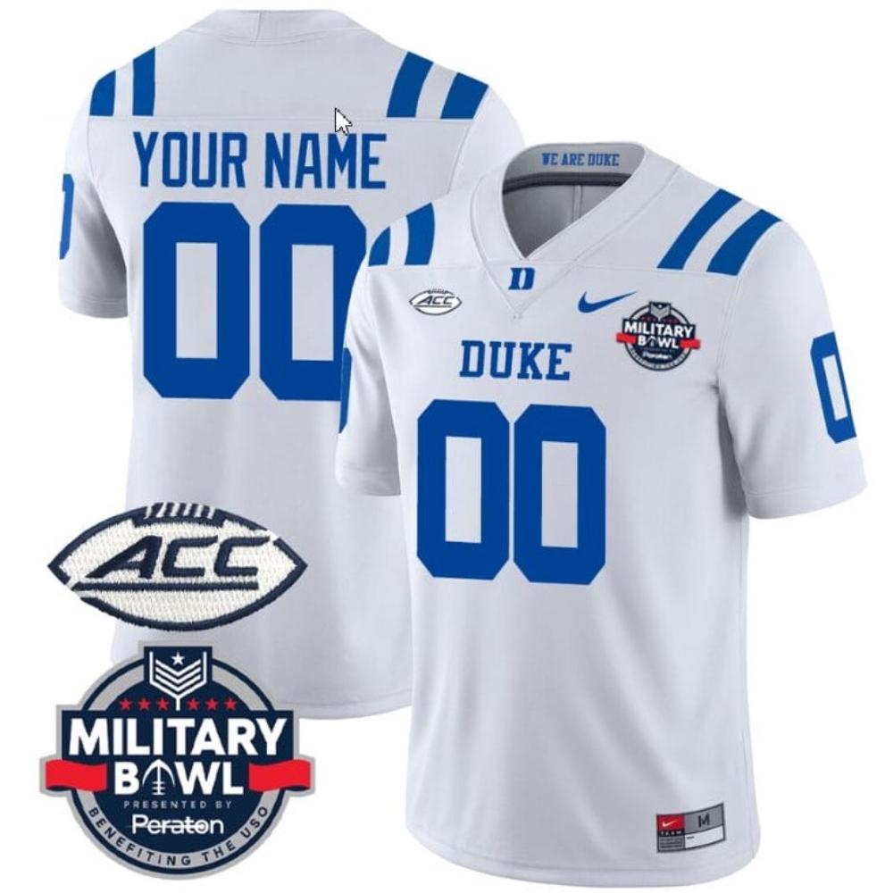 Mens Custom Duke Blue Devils Jersey Name And Number White Military Bowl
