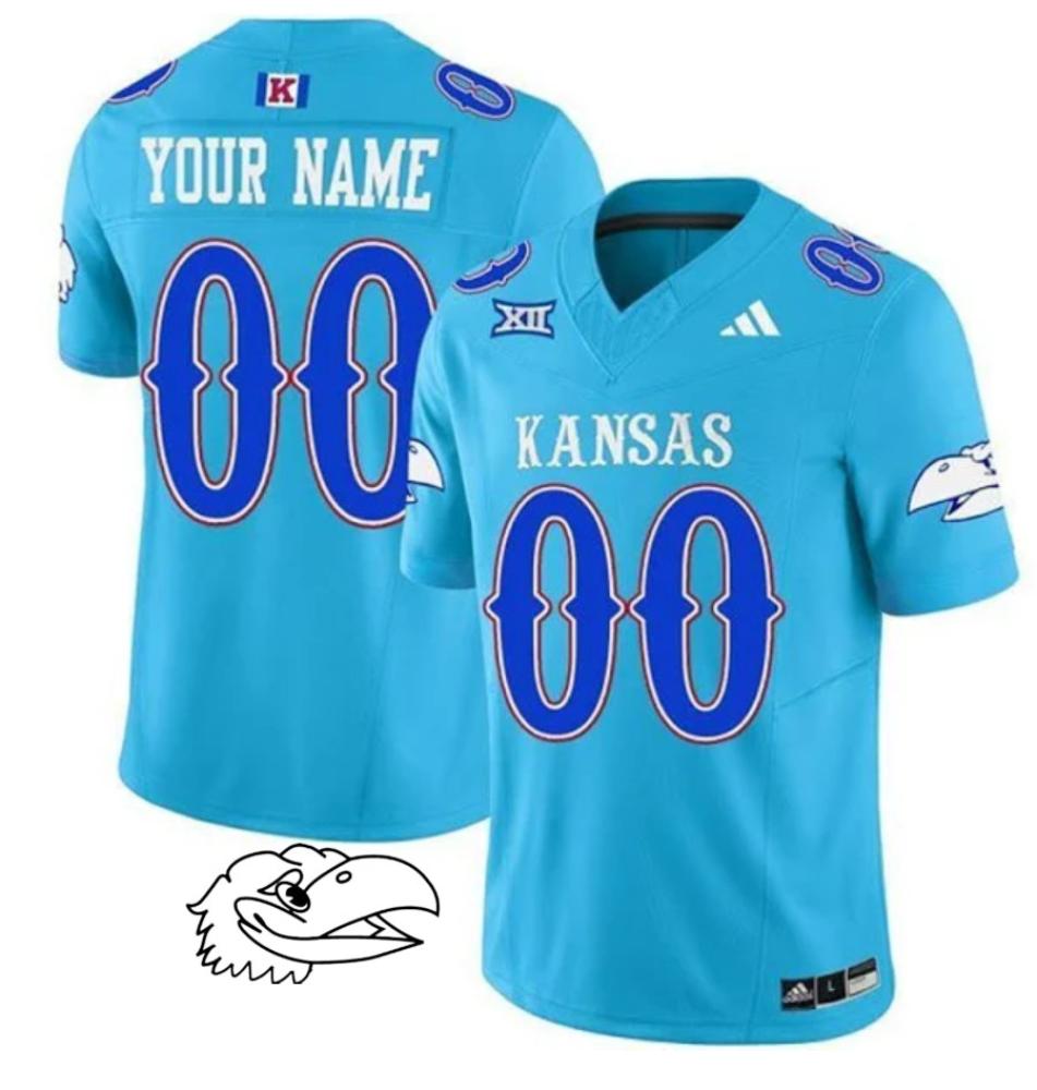 Mens Custom Kansas Jayhawks College Football Jersey Blue Stitched Jersey