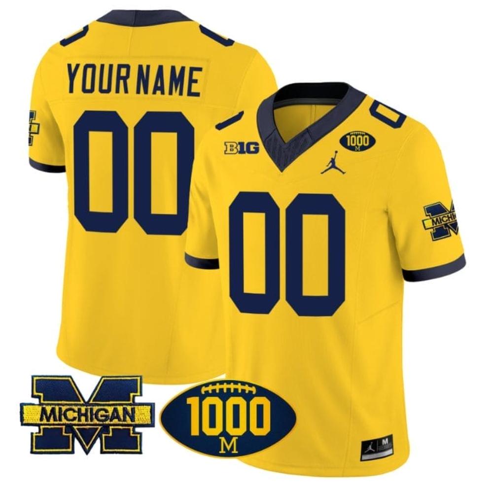 Mens Custom Michigan Wolverines Jersey 1000 Wins Patch Limited Football Maize