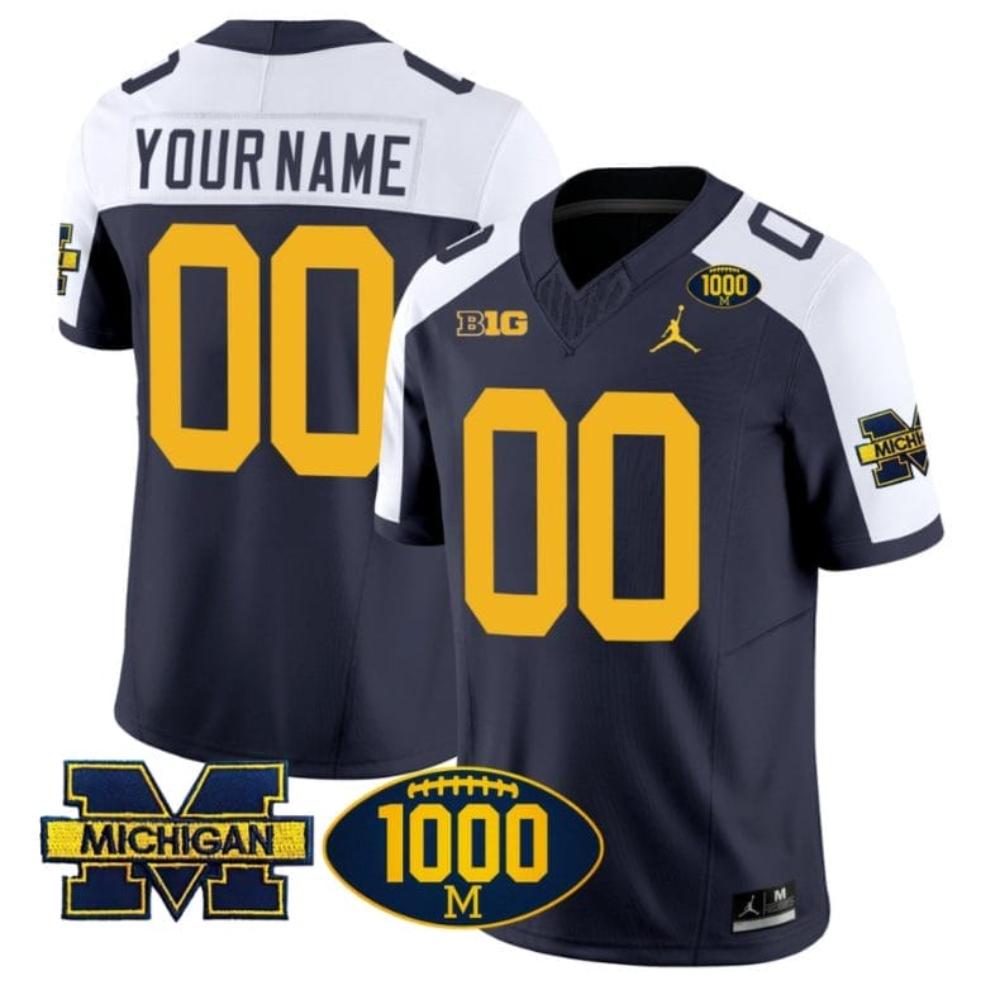 Mens Custom Michigan Wolverines Jersey 1000 Wins Patch Limited Football Navy A