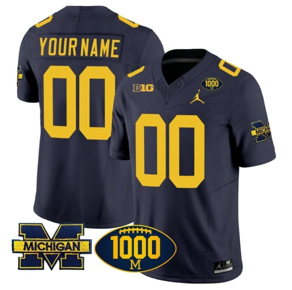 Mens Custom Michigan Wolverines Jersey 1000 Wins Patch Limited Football Navy