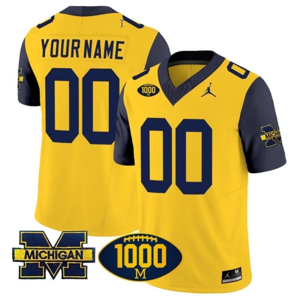 Mens Custom Michigan Wolverines Jersey 1000 Wins Patch Vapor Navy Sleeves