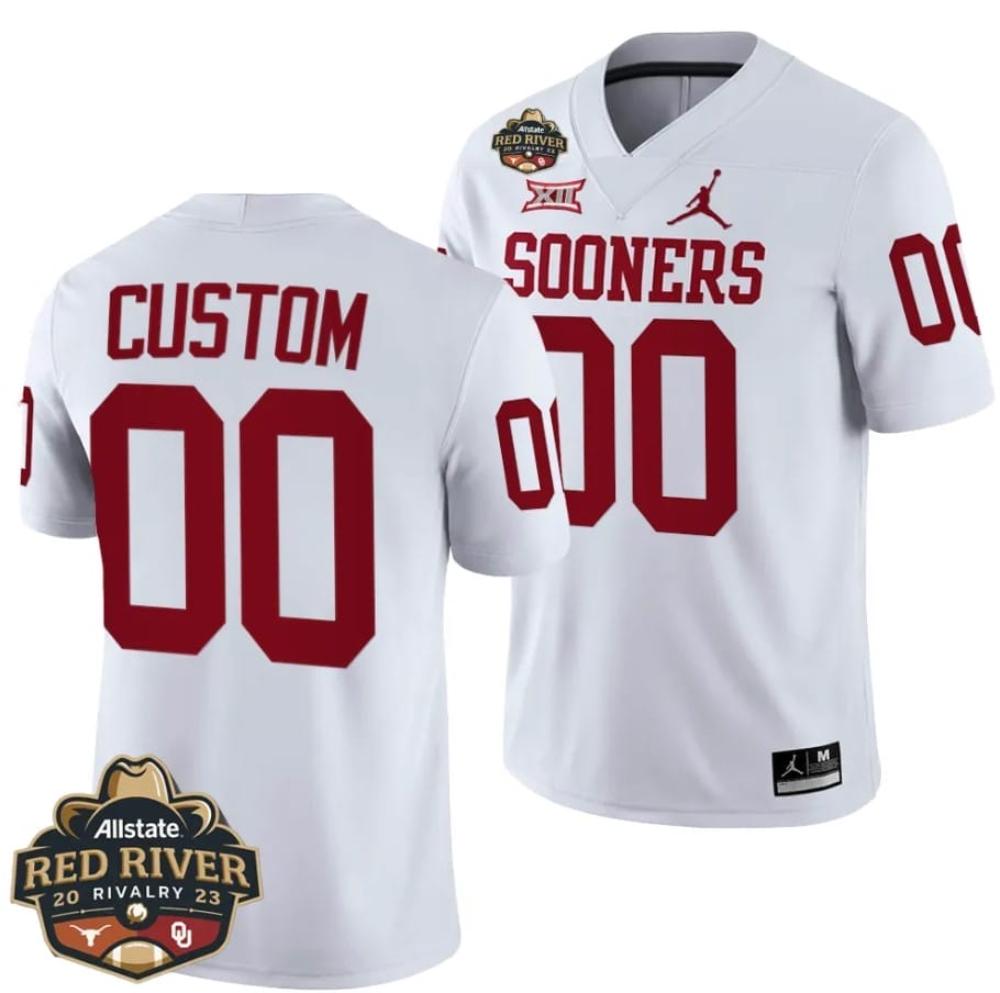 Mens Custom Oklahoma Sooners Jersey 2023 Allstate Red River Rivalry White Foot