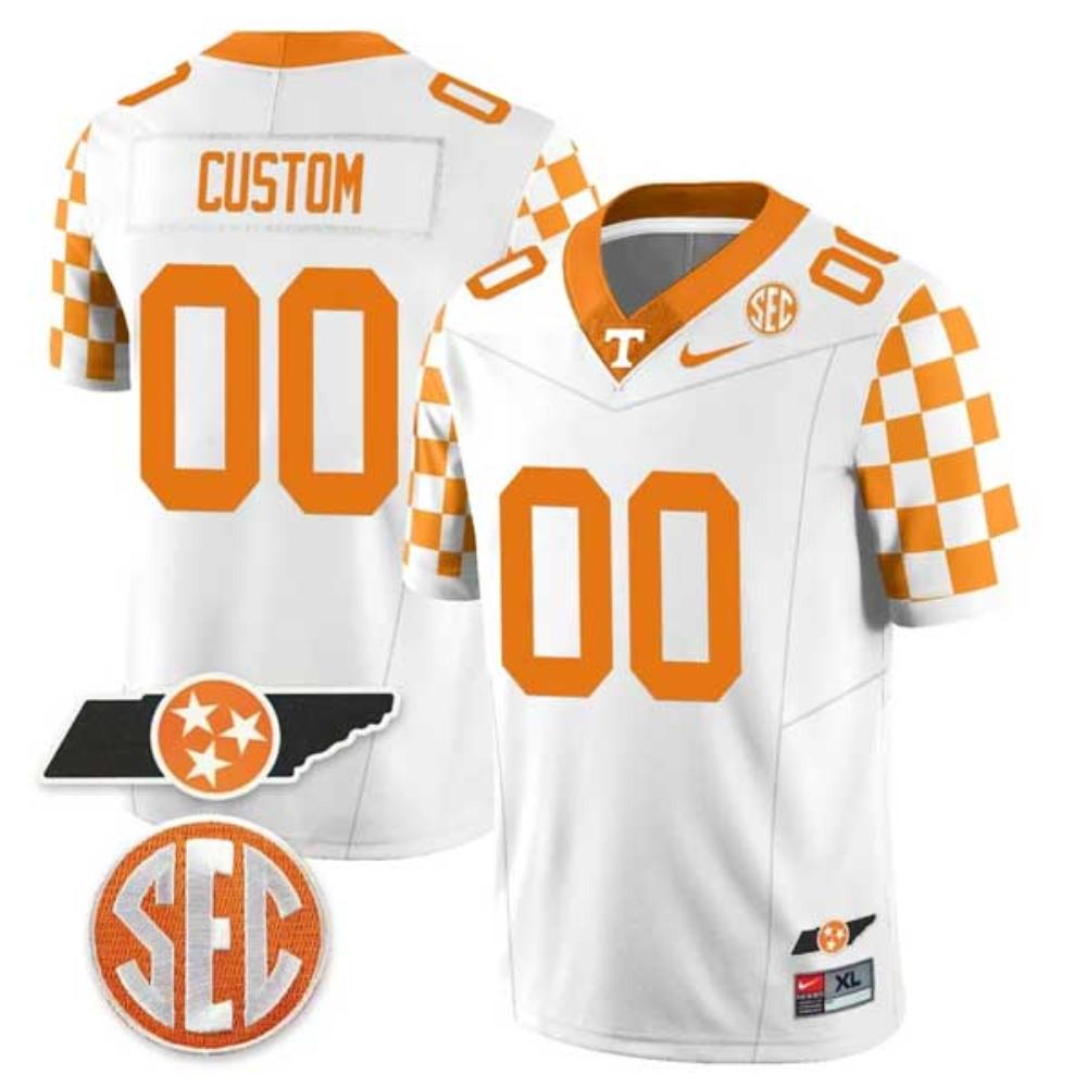 Mens Custom Tennessee Volunteers Jersey Checkerboar College Footb White