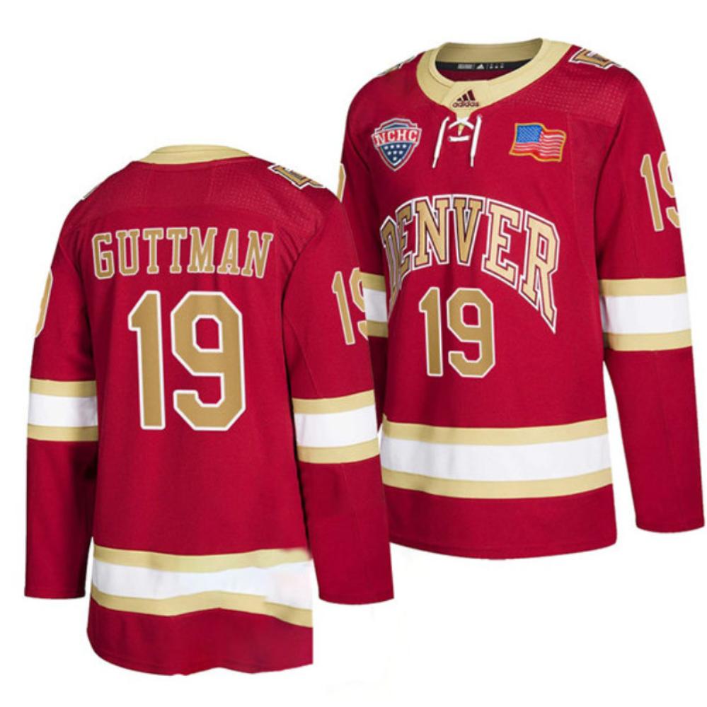 Mens Denver Pioneers 19 Cole Guttman Crimson College Hockey Jersey