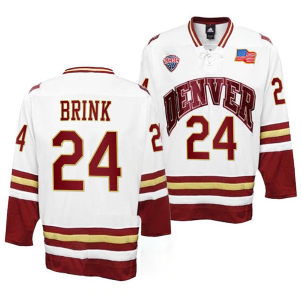 Mens Denver Pioneers 24 Bobby Brink White College Hockey Jersey