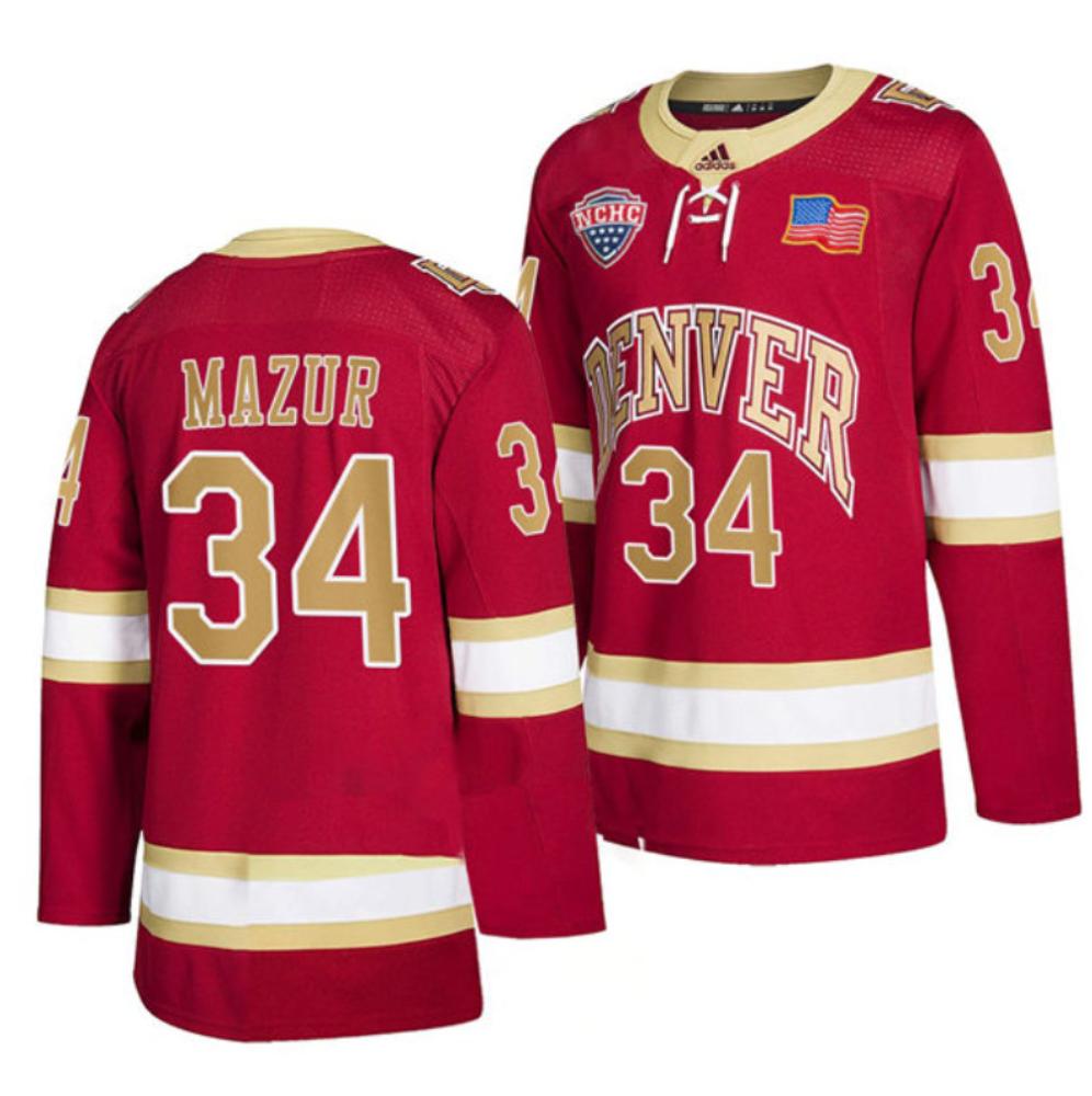 Mens Denver Pioneers 34 Carter Mazur Crimson College Hockey Jersey
