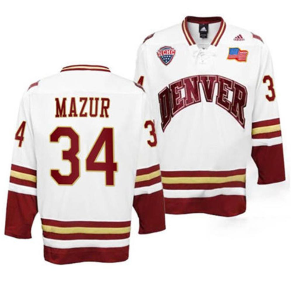 Mens Denver Pioneers 34 Carter Mazur White College Hockey Jersey