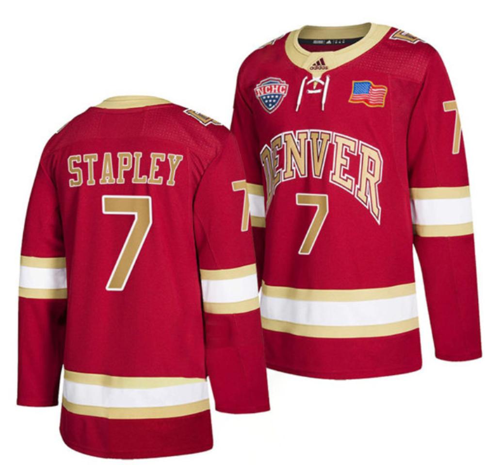 Mens Denver Pioneers 7 Brett Stapley Crimson College Hockey Jersey