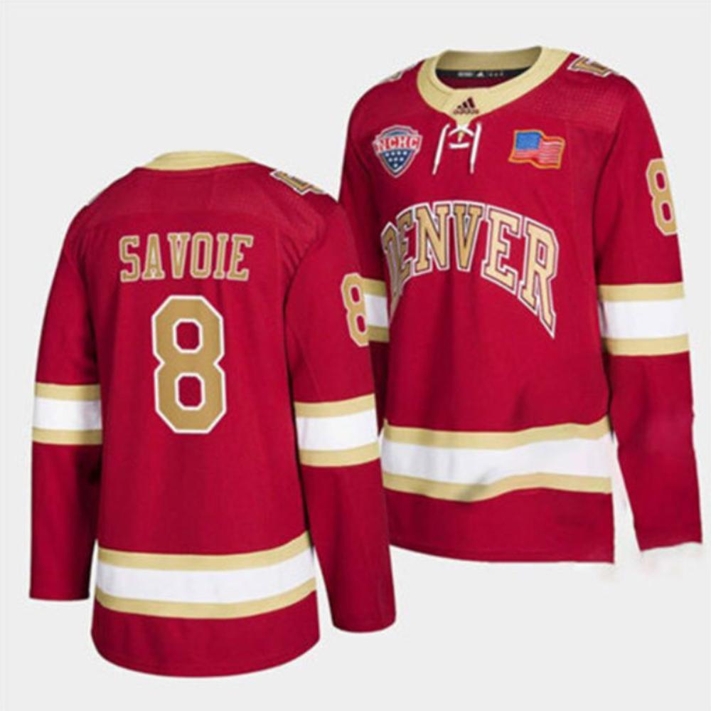 Mens Denver Pioneers 8 Carter Savoie Crimson College Hockey Jersey
