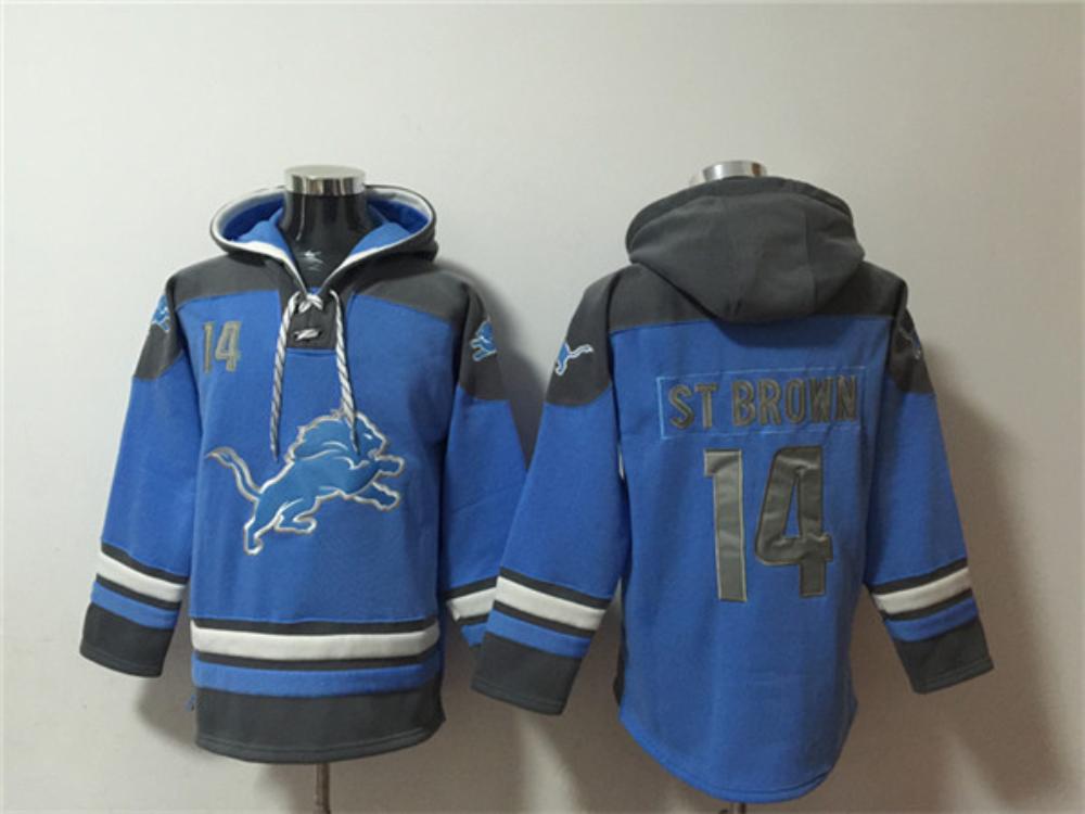 Mens Detroit Lions 14 Amon ra St Brown Blue Ageless Pullover Hoodie