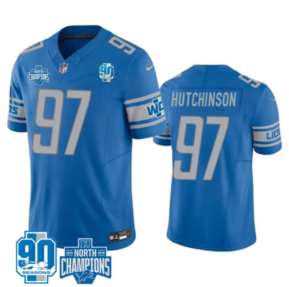 Mens Detroit Lions 97 Aidan Hutchinson Blue 2023 90th Limited Jersey