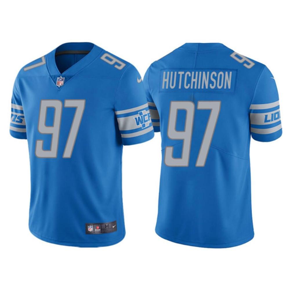 Mens Detroit Lions 97 Aidan Hutchinson Blue Limited Stitched Jersey