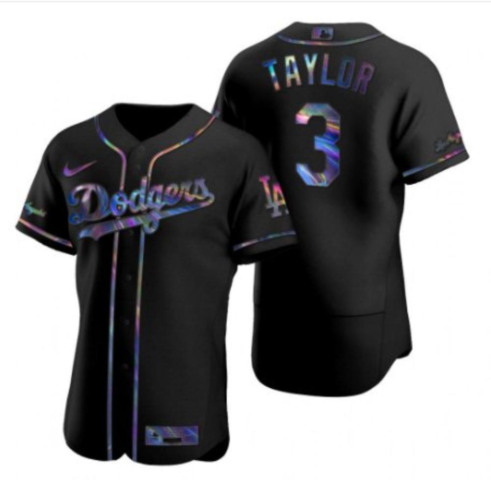 Mens Dodgers 3 Chris Taylor Holographic Golden Flex Jersey Black