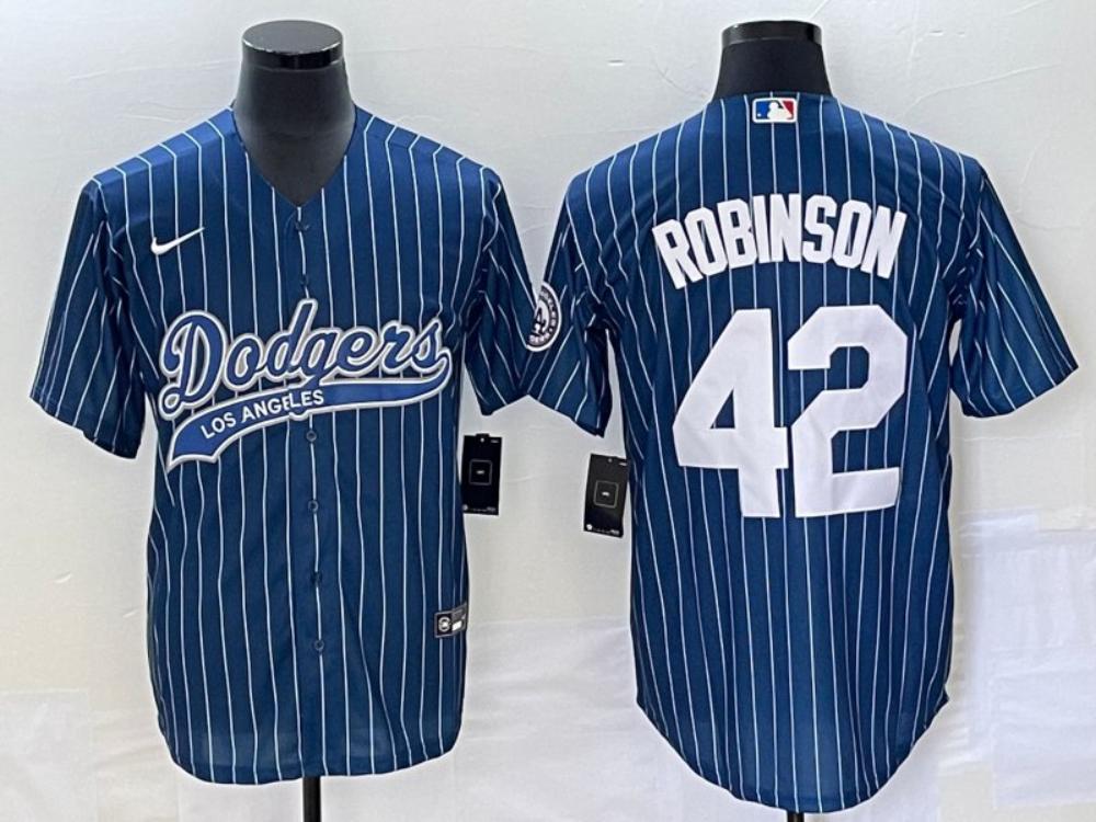 Mens Dodgers 42 Jackie Robinson Navy Blue Pinstripe Cool Base Jersey 1
