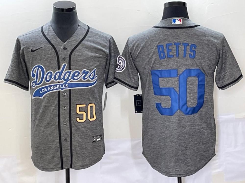 Mens Dodgers 50 Mookie Betts Grey Gridiron Cool Baseball Jersey 2023