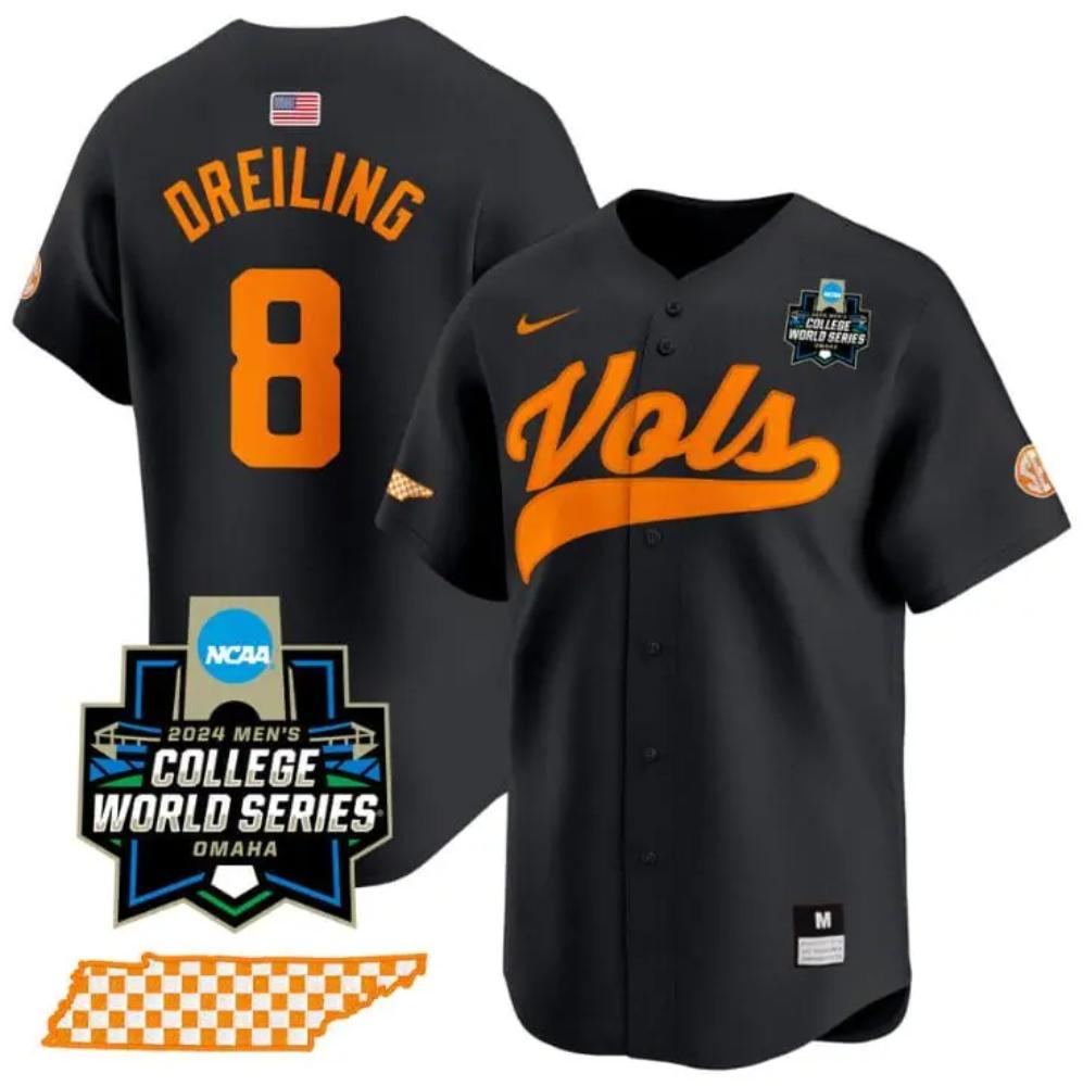 Mens Dylan Dreiling Jersey 8 Tennessee Volunteers 2024 College World Series