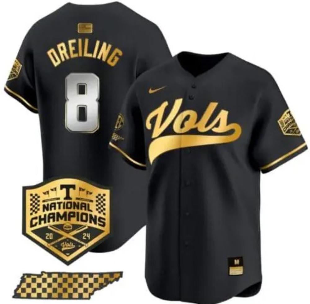 Mens Dylan Dreiling Jersey 8 Tennessee Volunteers Baseball 2024 Champions Gold