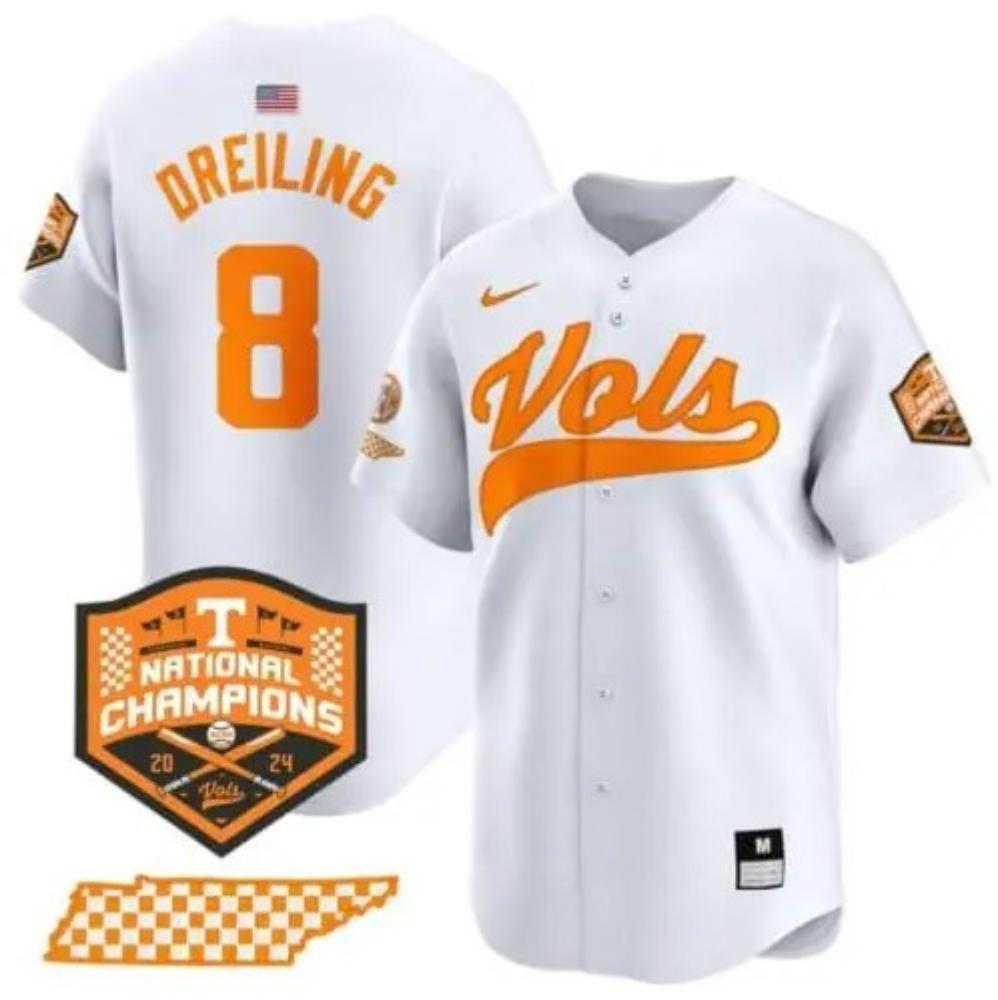 Mens Dylan Dreiling Jersey 8 Tennessee Volunteers Baseball 2024 Champions White