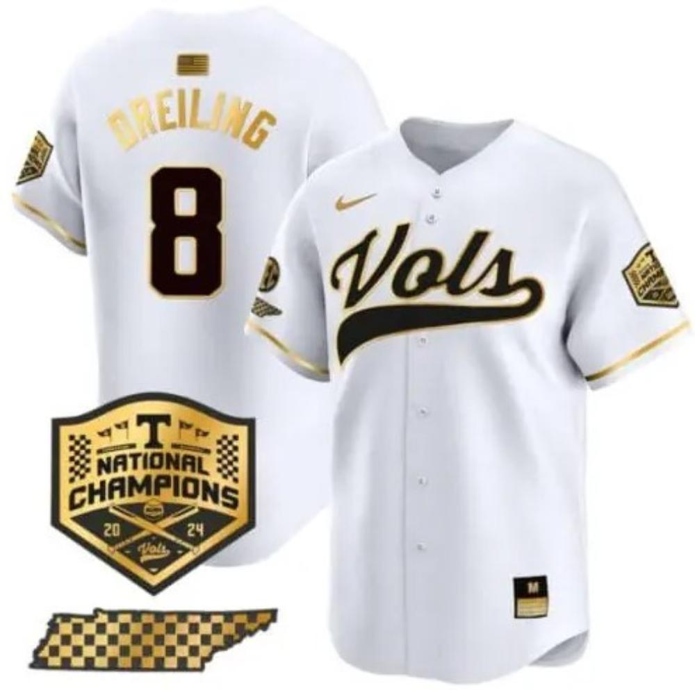 Mens Dylan Dreiling Jersey 8 Tennessee Volunteers Baseball 2024 White Gold