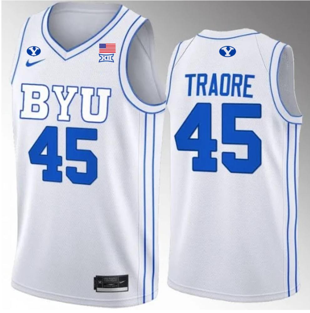 Mens Fousseyni Traore 45 Jersey Byu Cougars College Basketball White Jersey