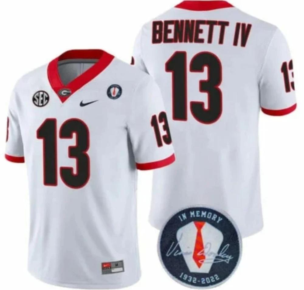 Mens Georgia Bulldogs Stetson Bennett Jersey 13 Honoring Vince Dooley Patch