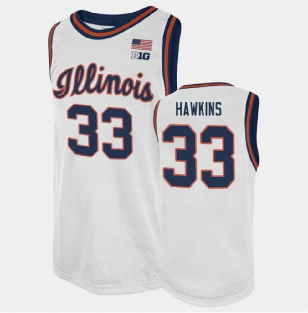 Mens Illinois Fighting Illini 33 Hawkins Ncaa 2023 24 Basketball Jersey White