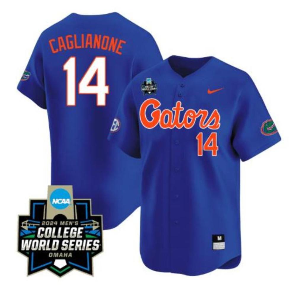 Mens Jac Caglianone Jersey 14 Florida Gators 2024 World Series Blue