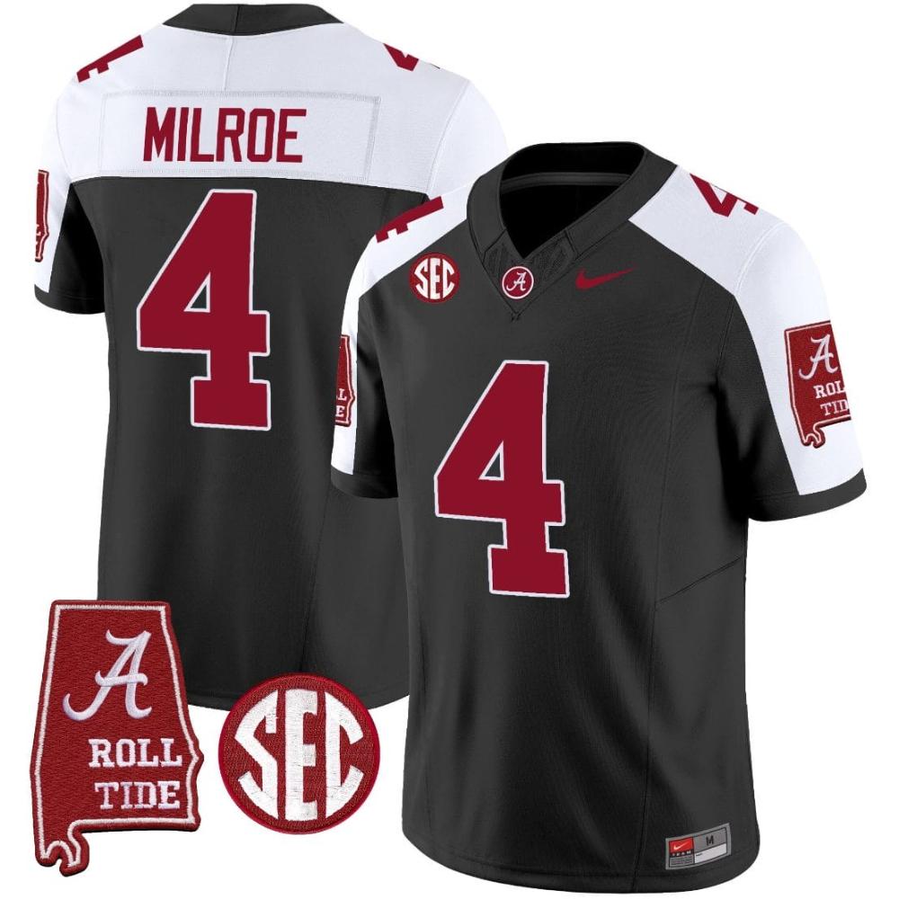 Mens Jalen Milroe Jersey 4 Alabama Crimson Tide Alabama Map Black Alternate