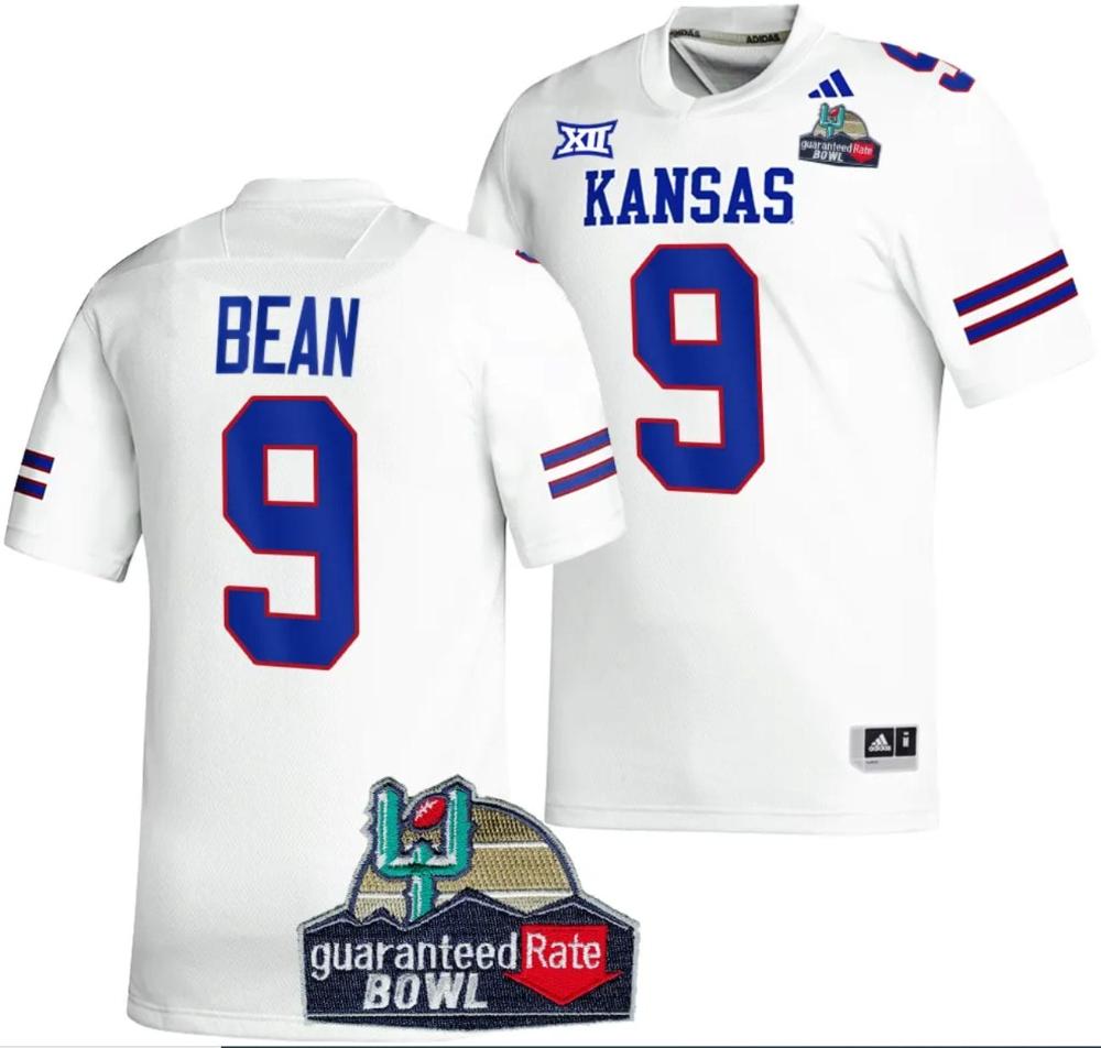 Mens Jason Bean Jersey 9 Kansas Jayhawks 2023 Guaranteed Rate Bowl Champs Mvp