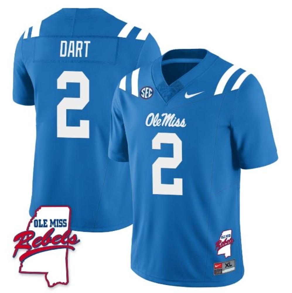 Mens Jaxson Dart Jersey 2 Ole Miss Rebels Football Ole Map Blue