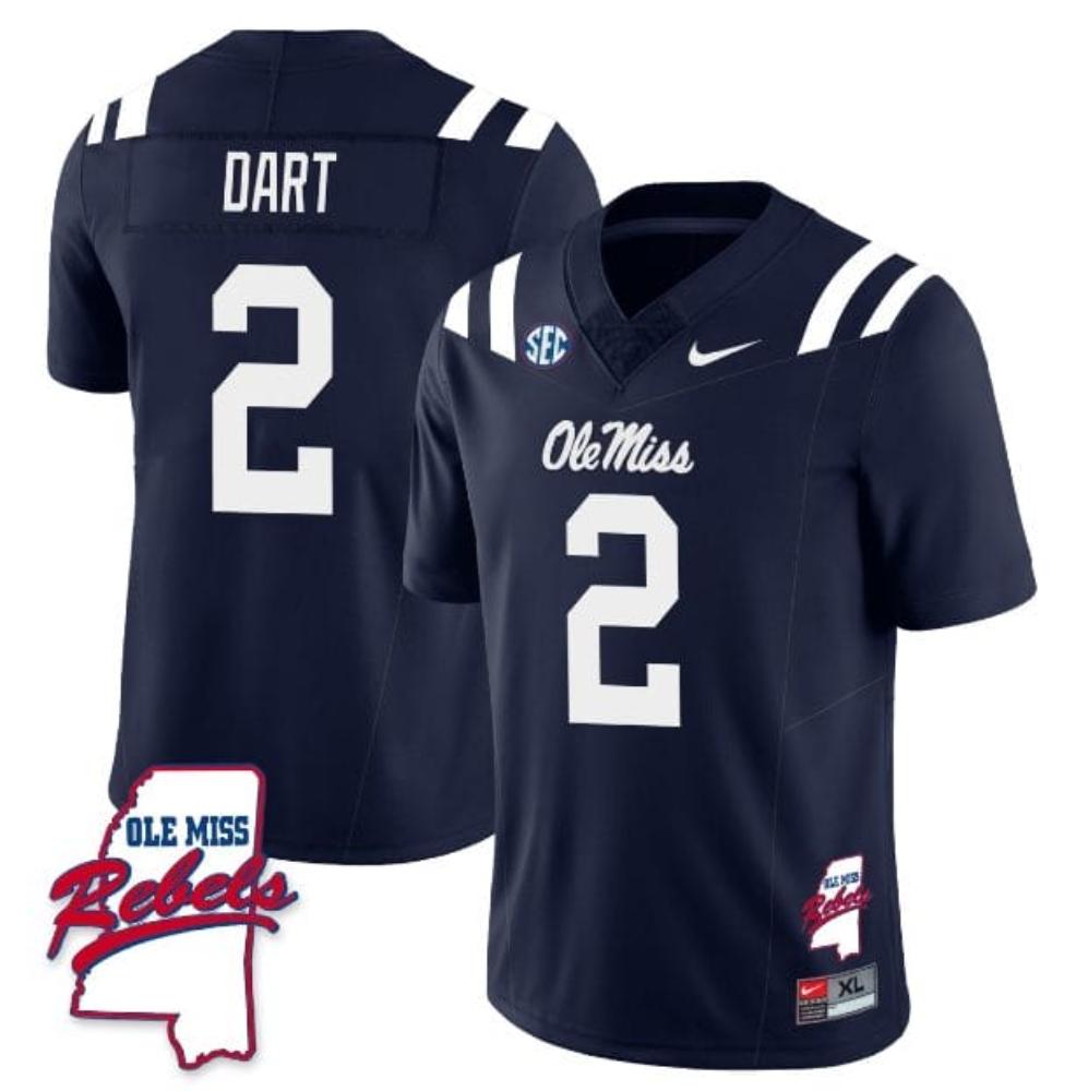 Mens Jaxson Dart Jersey 2 Ole Miss Rebels Football Ole Map Navy