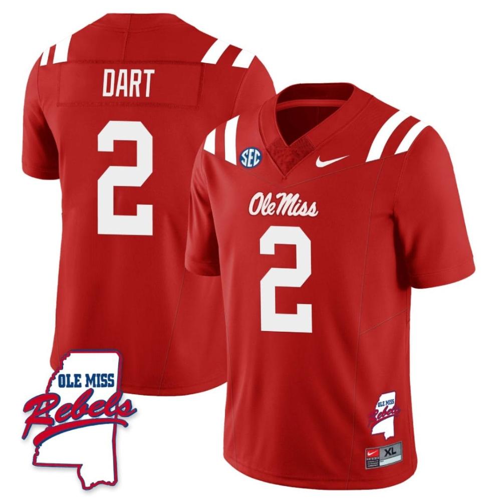 Mens Jaxson Dart Jersey 2 Ole Miss Rebels Football Ole Map Red
