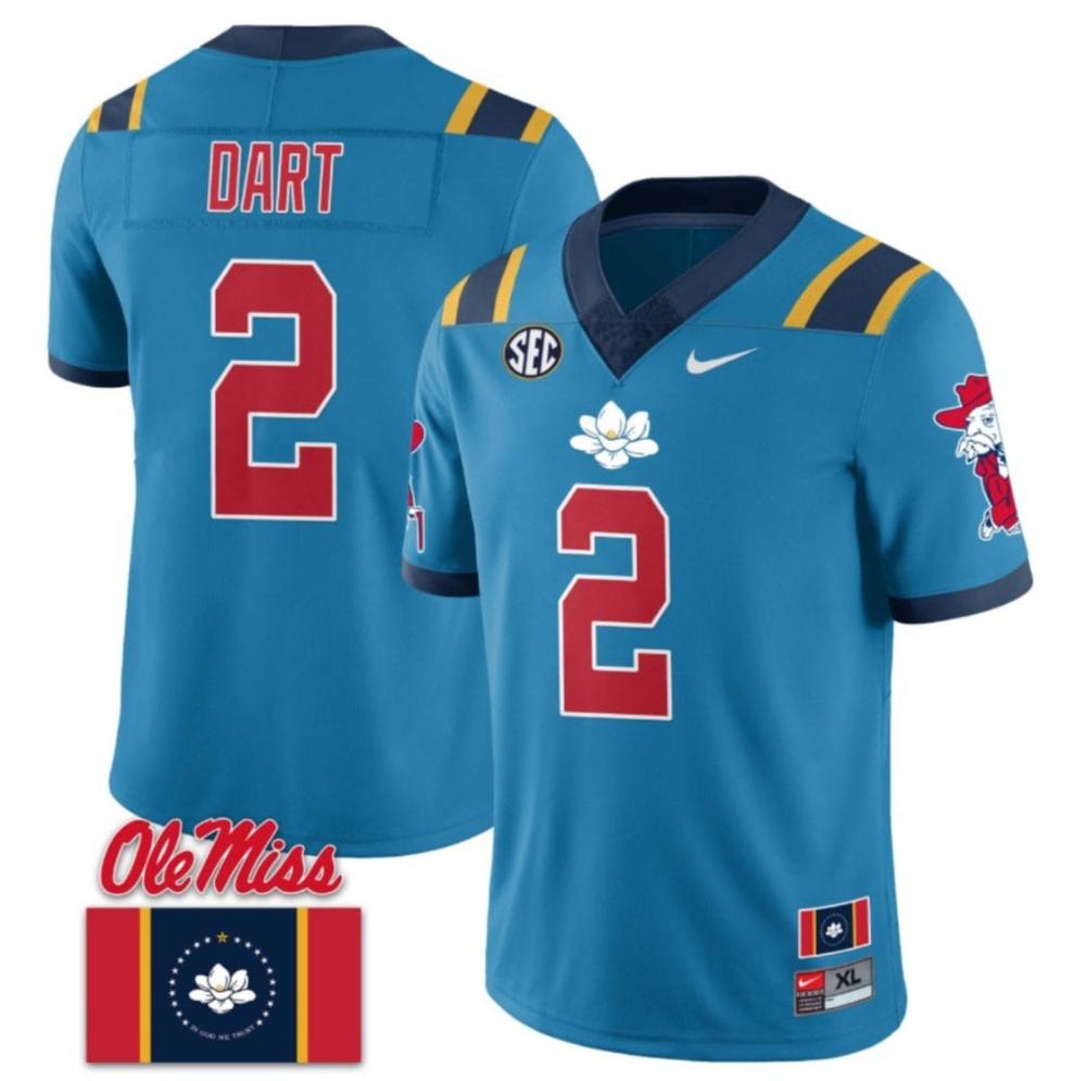 Mens Jaxson Dart Jersey 2 Ole Miss Rebels Football Ole Miss Flag Blue 2